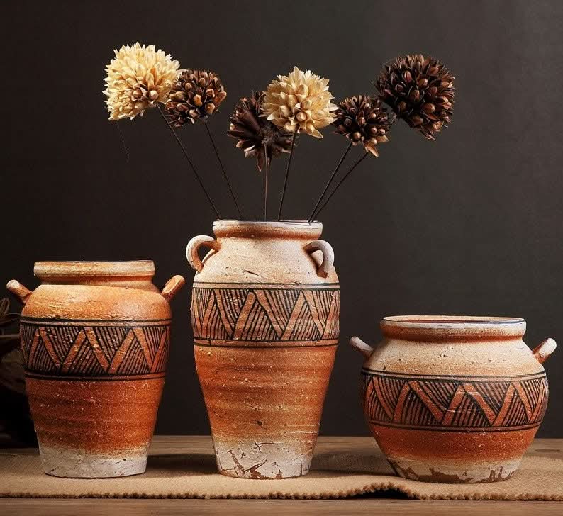 Antique Ethnic Vase with Black Tribal V Patterns, terra cotta, rustic home decor.